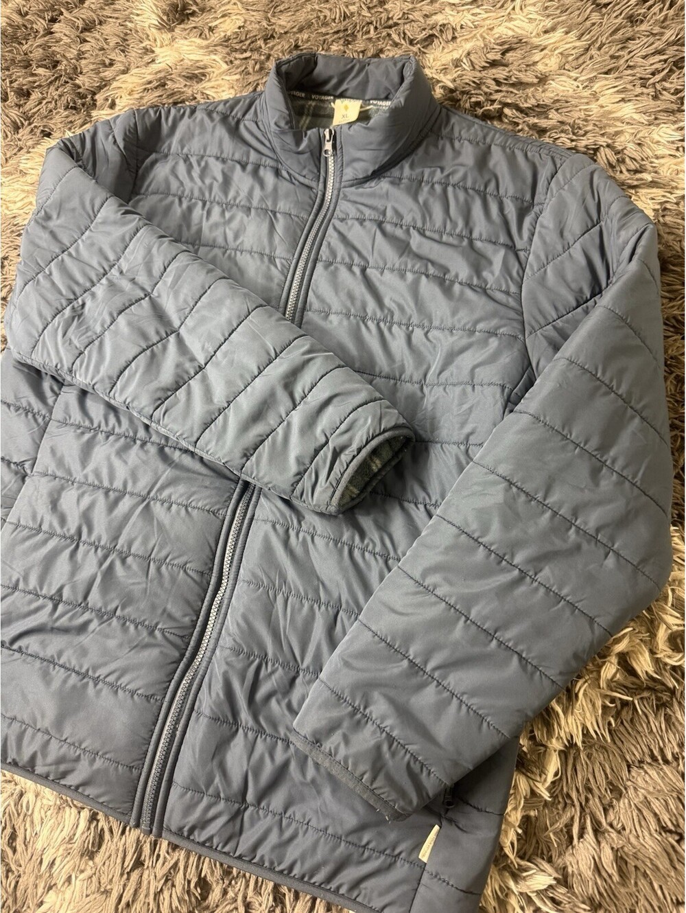 Voyager Men’s XL Puffer Jacket Gray Full Zip Quilted Fleece Lined Plaid